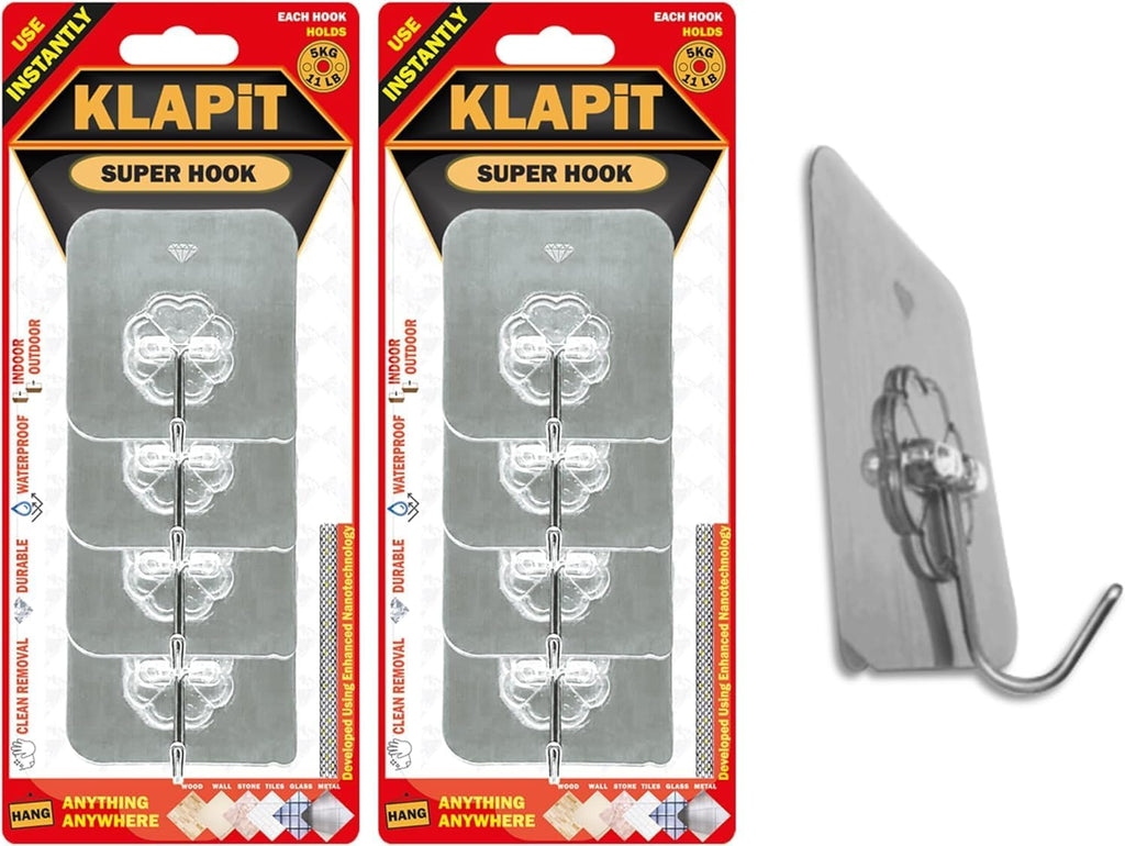 KLAPiT Super Hook - Heavy-Duty Adhesive Wall Hooks, Holds Up to 11 lbs, Waterproof, No Damage, Easy Install on Tile, Wood, Stone, Glass & Metal - Made of Steel (Silver, 8pc)