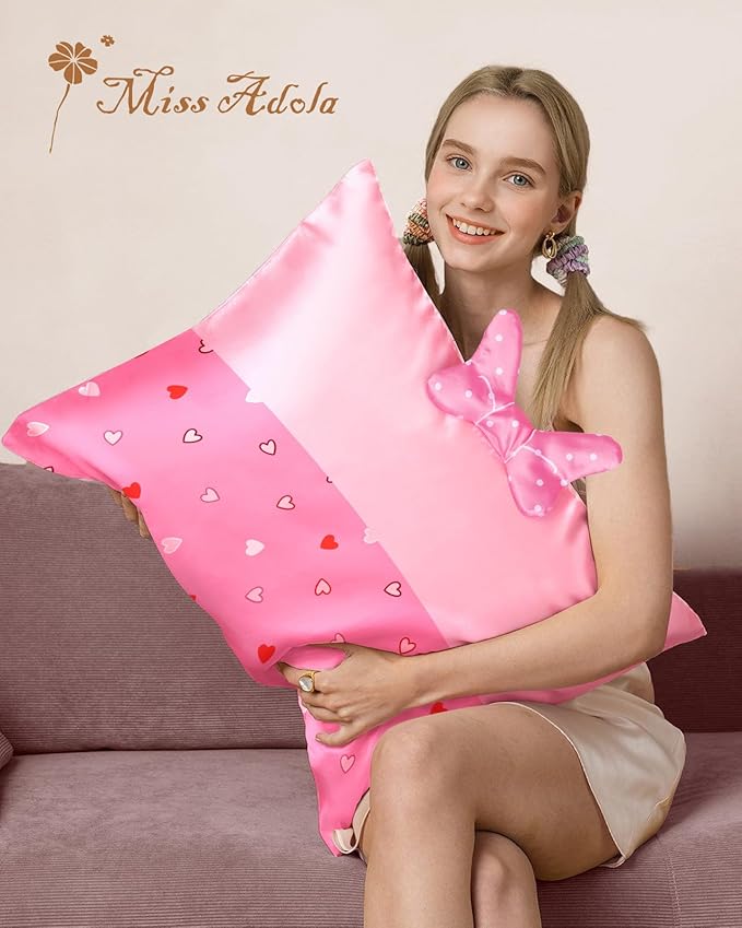 Kids Pillowcases Standard Size 20"x26" - Cute Cartoon Soft Breathable Silk Pillow Cases for Hair and Skin with Hidden Zipper for Women Girls Fun Kawaii Design for Bedding, Point Bow