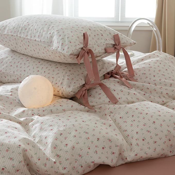 mixinni White Flower Pattern Duvet Cover Full Pink Floral Stripes Duvet Cover - Image 3