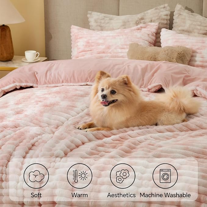 BEDELITE Fleece Queen Comforter Set -Super Soft & Warm Fluffy Pink&White Bedding - Image 3