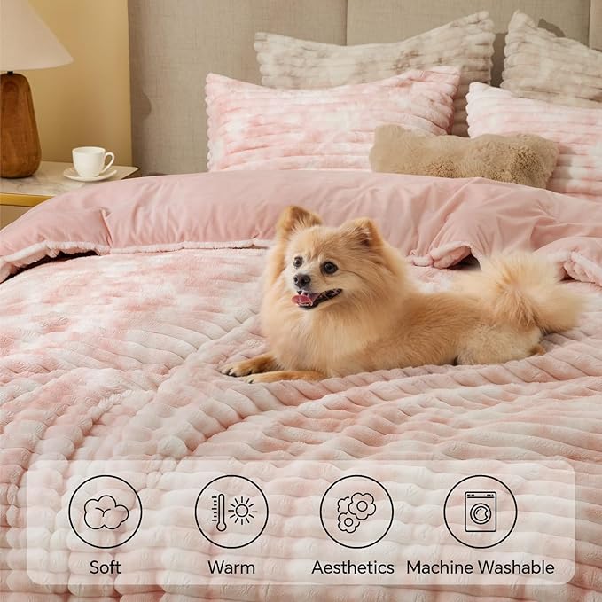 BEDELITE Fleece Full Comforter Set -Super Soft & Warm Fluffy Pink&White Bedding - Image 3