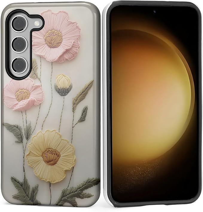 Case for Samsung Galaxy S23 Case, Faux Embroidery Boho Floral Design Hybrid by Kapadiy