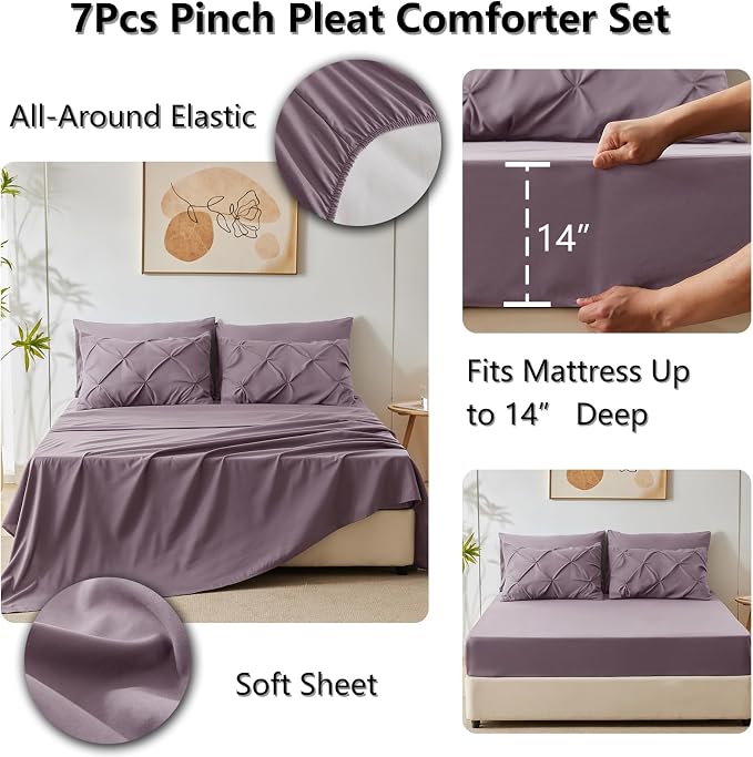 HIMEET Pintuck Bed in a Bag, 7 Pieces Full Size Comforter Set Dusty Purple - Image 6
