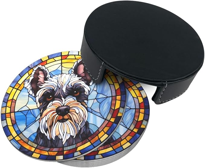 Drink Coaster Set of 6, Schnauzer Dog Mom Lover Gift, Leather Drink Coasters - Image 5