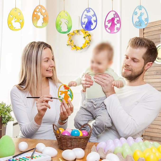 36PCS Wooden Easter Ornaments to Paint, 6 Styles DIY Blank Unfinished Wood Egg - Image 3