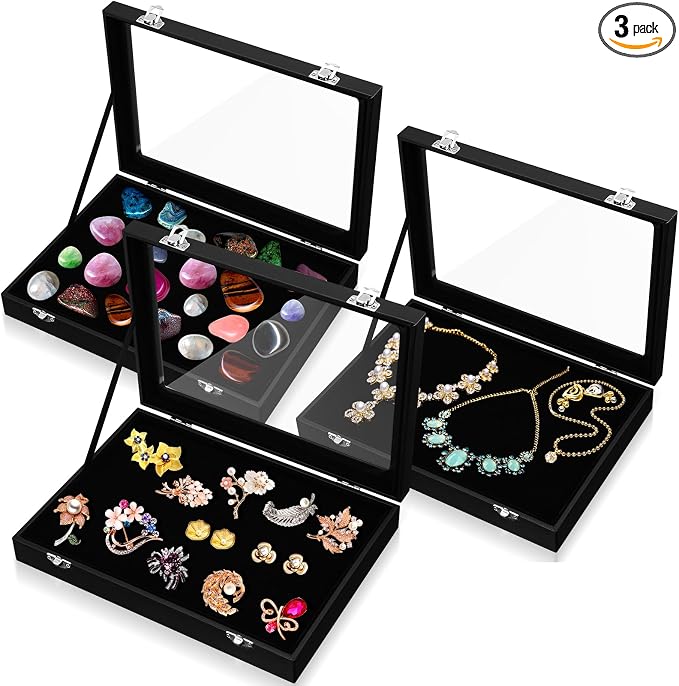 Huquary 3 Pcs Wooden Jewelry Box Glass Top Display Cases by Huquary