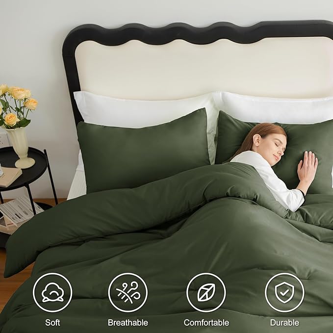 CozyLux Twin Comforter Set Olive Green, 2 Pieces Twin Extra Long Solid - Image 5