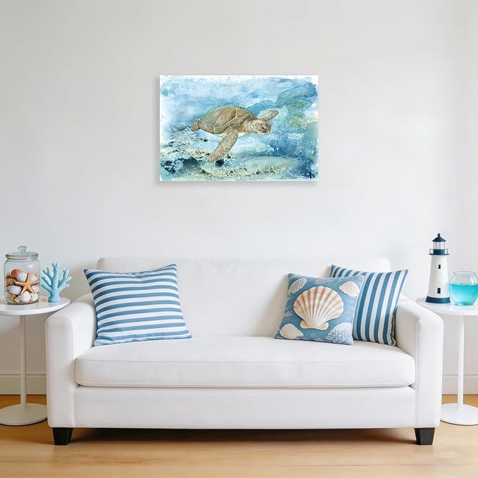 Sea Turtle Bathroom Wall Decor Modern Ocean Theme Nautical Painting Watercolor - Image 5