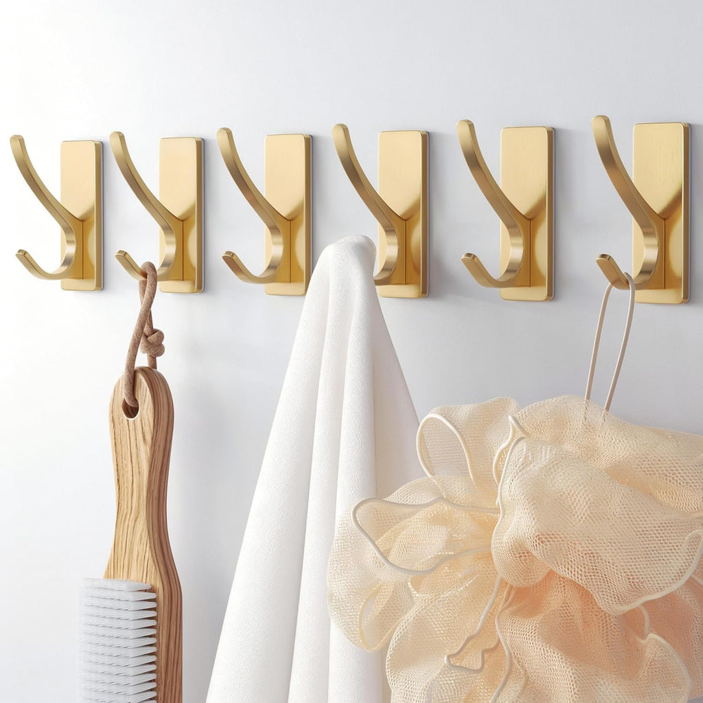pickpiff Self Adhesive Coat Hooks for Hanging, Heavy Duty Stainless Double Wall Hook for Towel, Backpack, Hat, Sturdy Metal Hanger for Bathroom, Bedroom, Door, Wall Mounted, 6-Pack, Brushed Gold