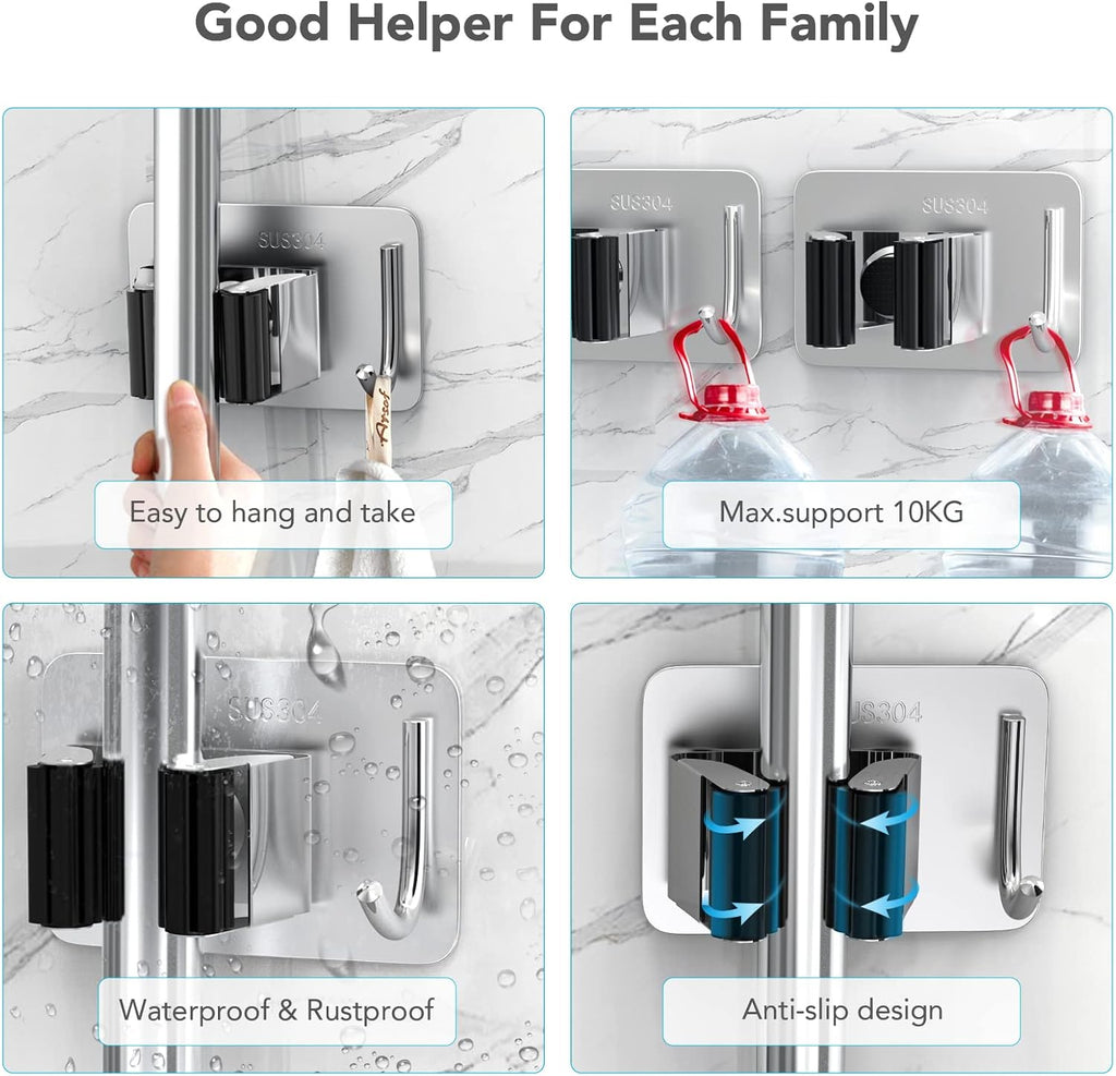 Mop Broom Holder No Drill, Mop Broom Organizer Wall Mounted Heavy Duty with Hooks Hanger, Self Adhesive Stainless Steel 4Pcs for Bathroom, Kitchen, Office (Multicolor)