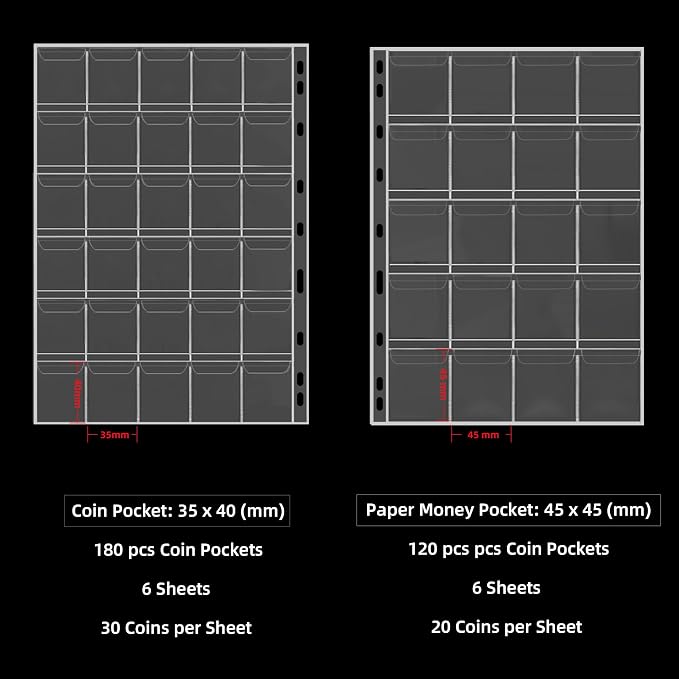 Coin Collection Book Holder for Collectors, 300 Pockets Fireproof Coins - Image 3