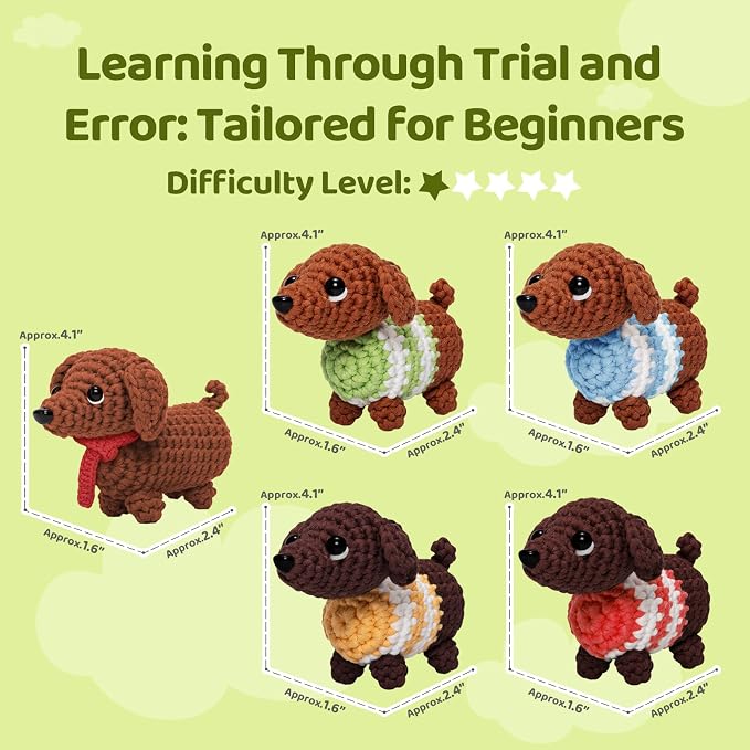 Mewaii Crochet Kit for Beginners, 5 Pack Dachshund Dog Craft Set | 40% Extra - Image 5