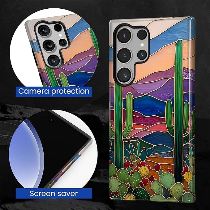 for Samsung Galaxy S24 Ultra Case, Stained Glass Cactus Pattern Glossy 2 in 1 - Image 7