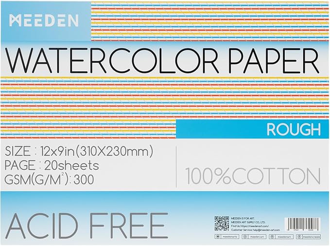 MEEDEN Watercolor Paper Block, 100% Cotton Watercolor Paper Pad of 20 Sheets by MEEDEN