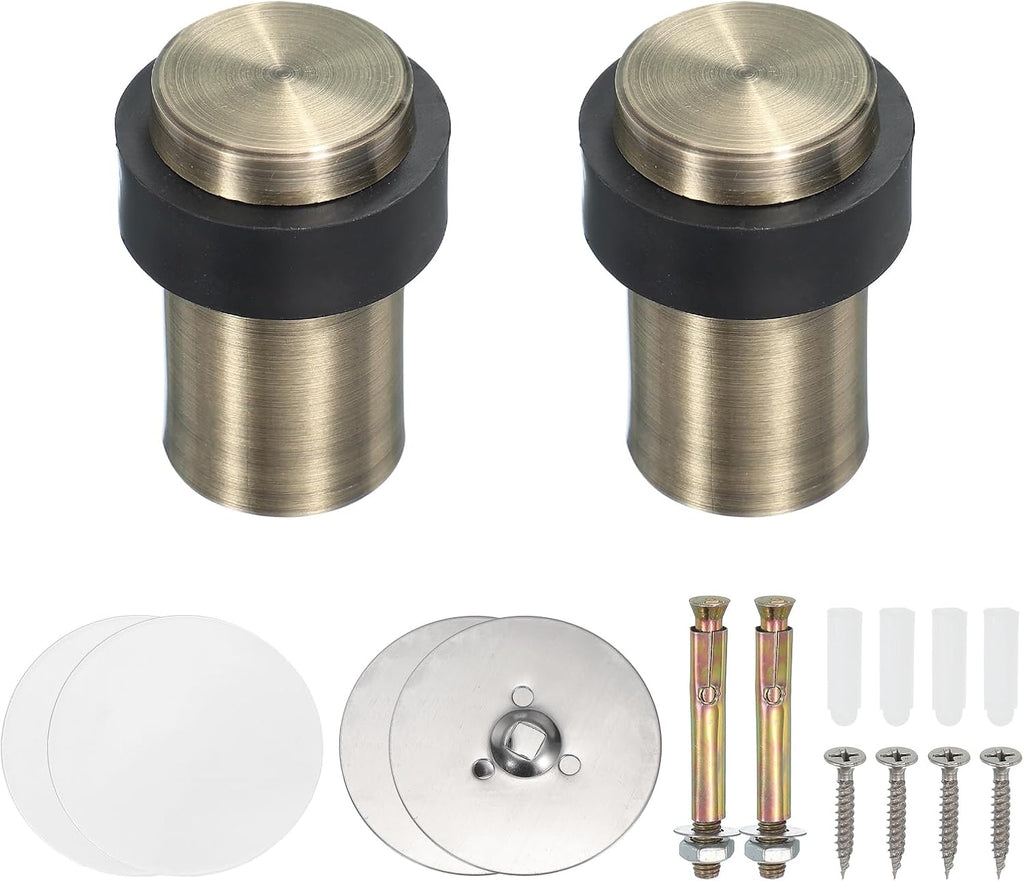 PATIKIL 2Set Round Door Stoppers, 60mm Stainless Steel Door Stop Doorstop Wedge Metal Cylinder Self Adhesive with Screw for Bottom of Door Floor Inside, Bronze