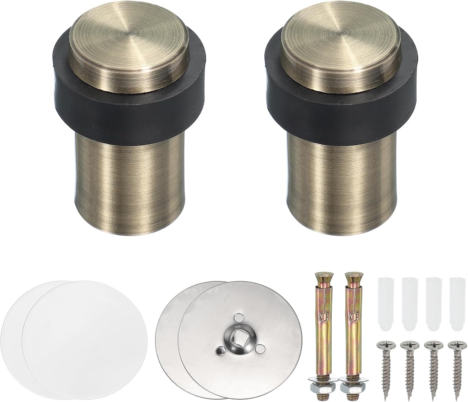 PATIKIL 2Set Round Door Stoppers, 60mm Stainless Steel Door Stop Doorstop Wedge Metal Cylinder Self Adhesive with Screw for Bottom of Door Floor Inside, Bronze