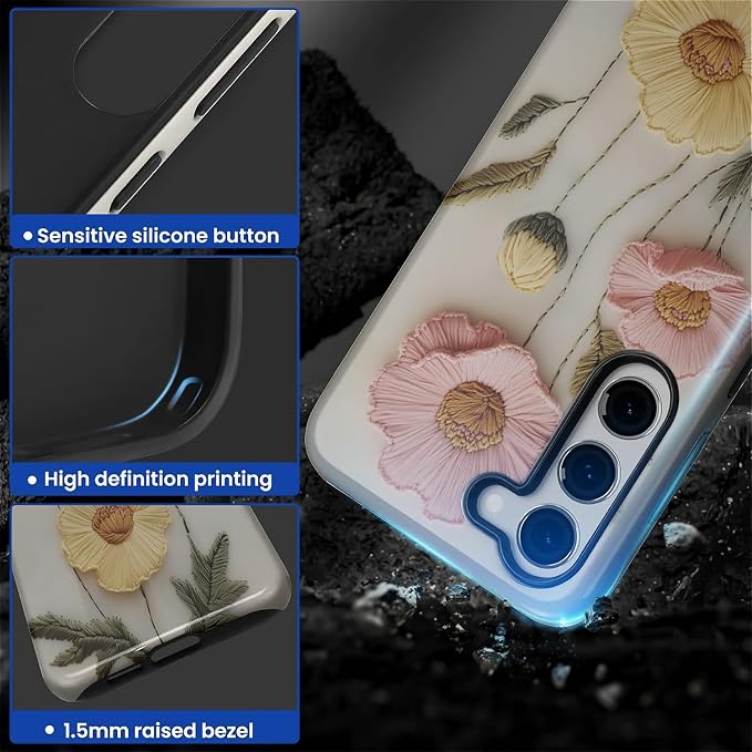 Case for Samsung Galaxy S23 Case, Faux Embroidery Boho Floral Design Hybrid - Image 4