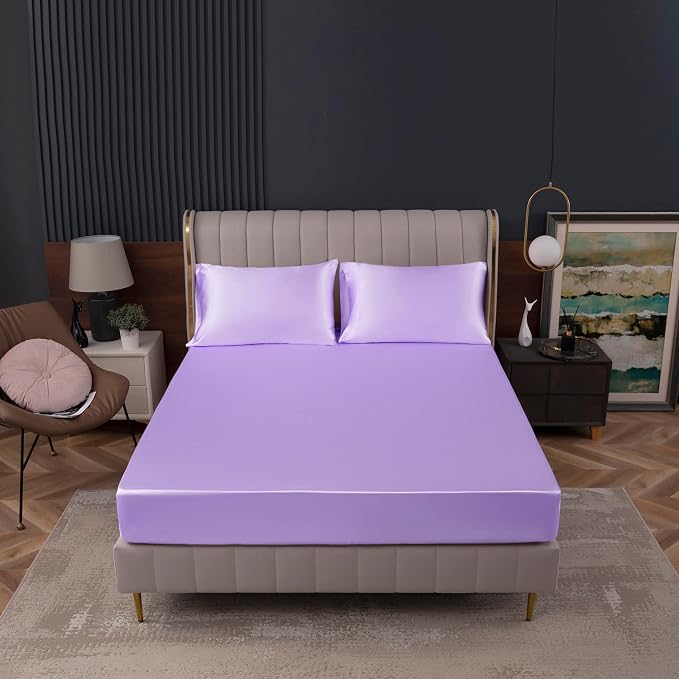 Homiest Lavender Satin Fitted Sheet King Size, Deep Pocket, Luxury & Ultra Soft - Image 2