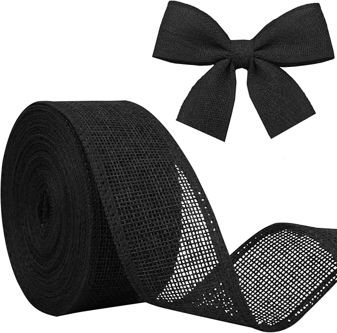 Black Burlap Ribbon 1-1/2 inch X 10 Yard Black Linen Wired Ribbon | Natural by JaoZuyard