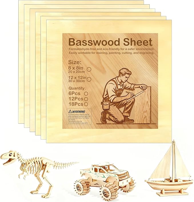 Basswood Plywood Sheets, 12 x 12 in, 1.5 mm, 6 Pack | Smooth unfinished wood by Unknown