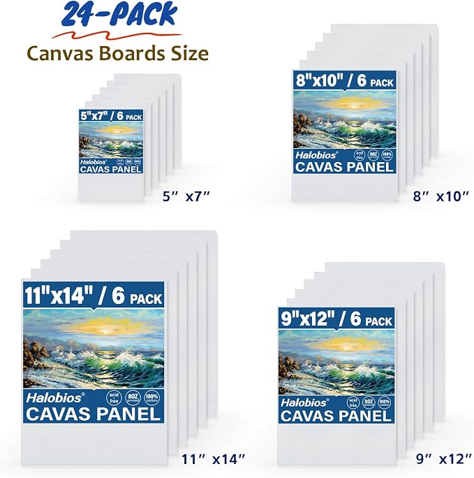 Halobios 24-Pack Canvas Boards for Painting, 6 of 5x7 8x10 9x12 11x14 Canvas - Image 2