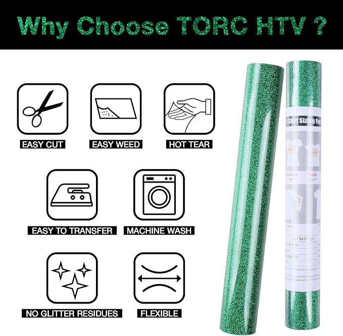 TORC Green Glitter HTV Heat Transfer Vinyl Roll 12 inch x 10 ft Iron on Vinyl - Image 3