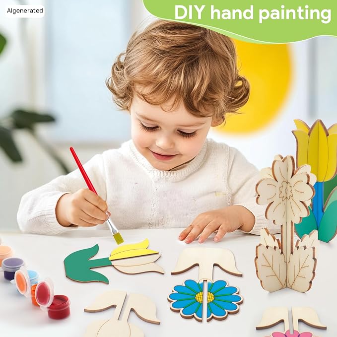 3D Wooden Flower Crafts to Paint, 4 Styles Flowers Ornaments - Image 5