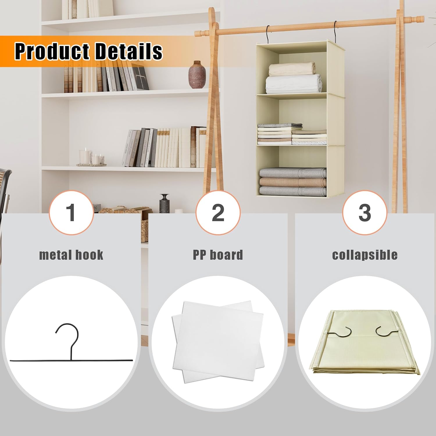 Hanging Closet Organizer and Storage 3-Shelf, Easy Mount Foldable Hanging Closet Wardrobe Storage Shelves, Clothes Handbag Shoes Accessories Storage, Washable Oxford Cloth Fabric, Beige