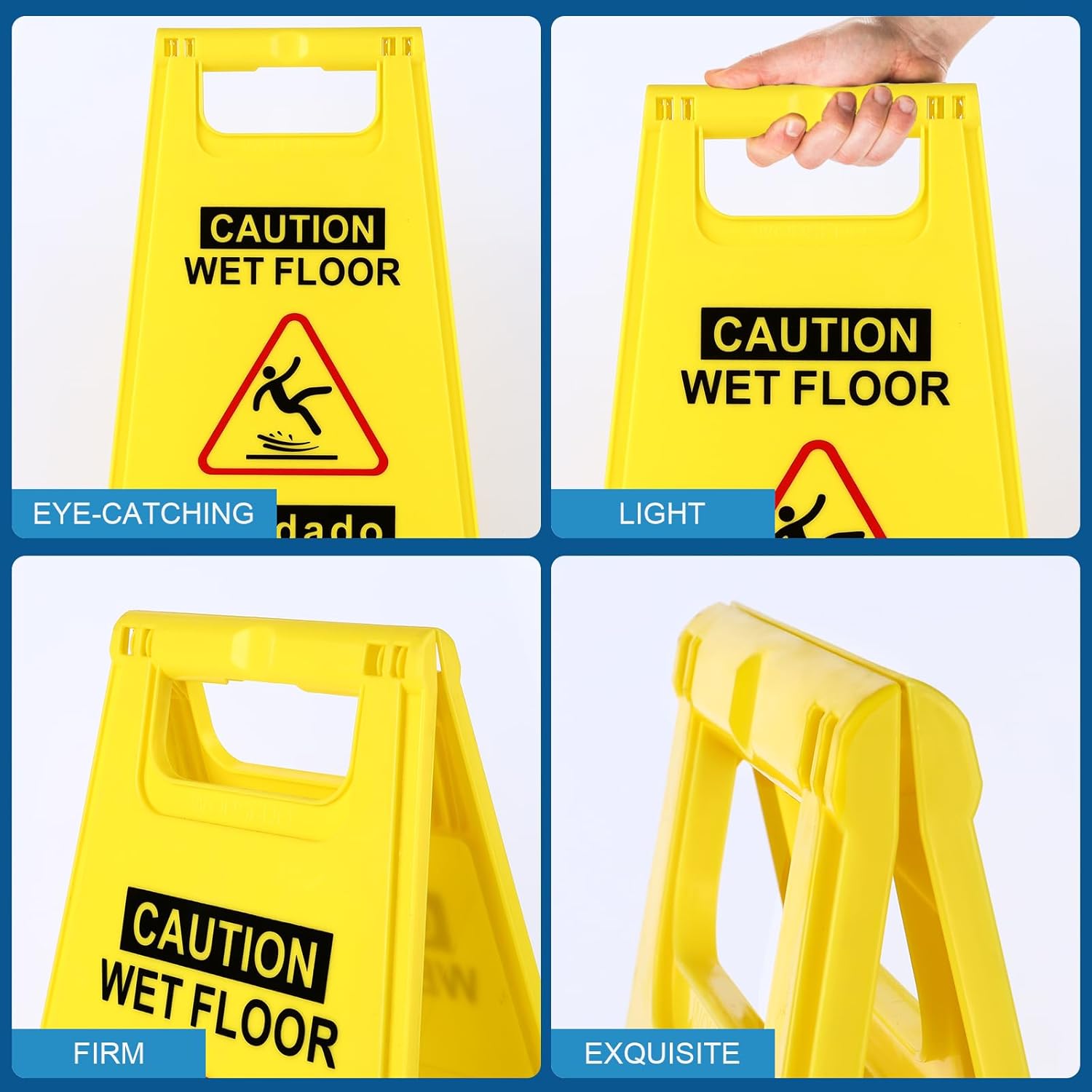 1-Pack Caution Wet Floor Sign,17.5" Height,Bright Yellow Double-Sided Folding A-Shaped Frame Design, Bilingual Caution Message