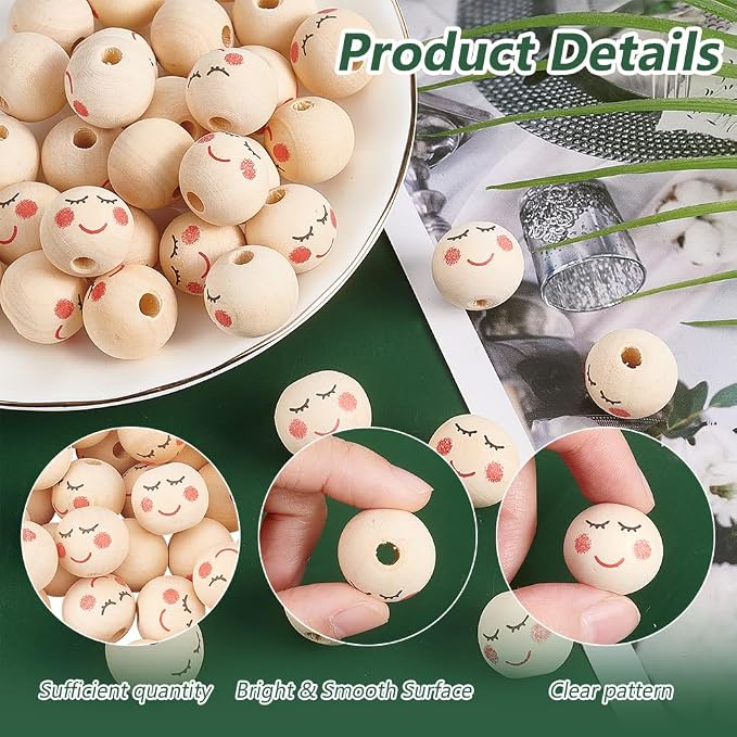 OLYCRAFT 50pcs 20mm Smile Face Wood Beads Round Wooden Beads Painted Head Bead - Image 4