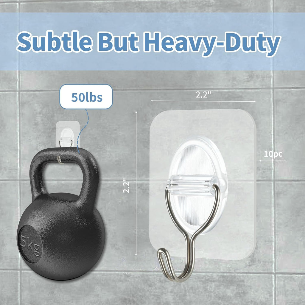 Adhesive Wall Hooks No Damage, Stick On Hooks for Hanging 10 Pack - Transparent Stainless Steel 5KG Heavy Duty, Waterproof Removable (5x5cm) Kitchen Bathroom Office, Ganchos para Pared (XL)