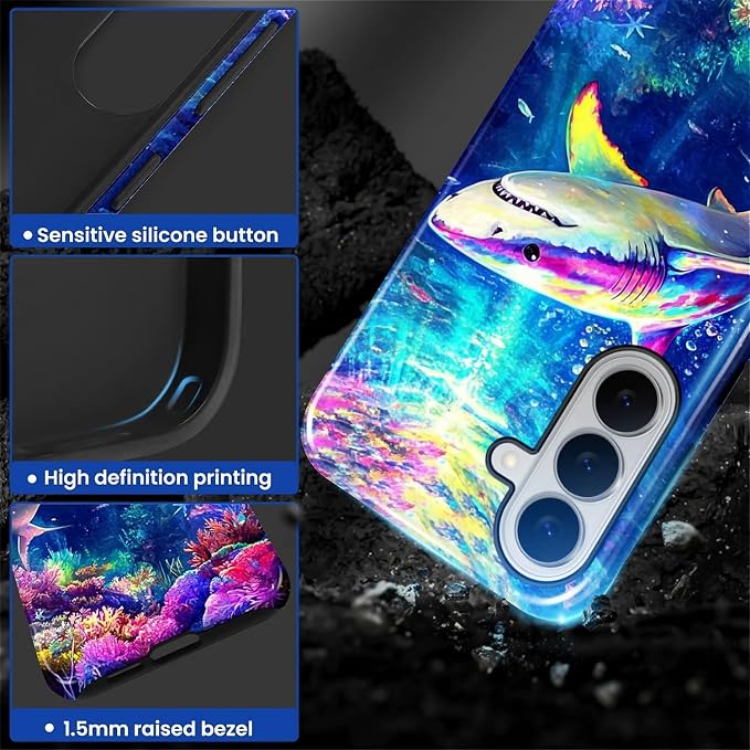 for Samsung Galaxy S26 Case, Colorful Ocean Sharks Pattern Glossy 2 in 1 - Image 4