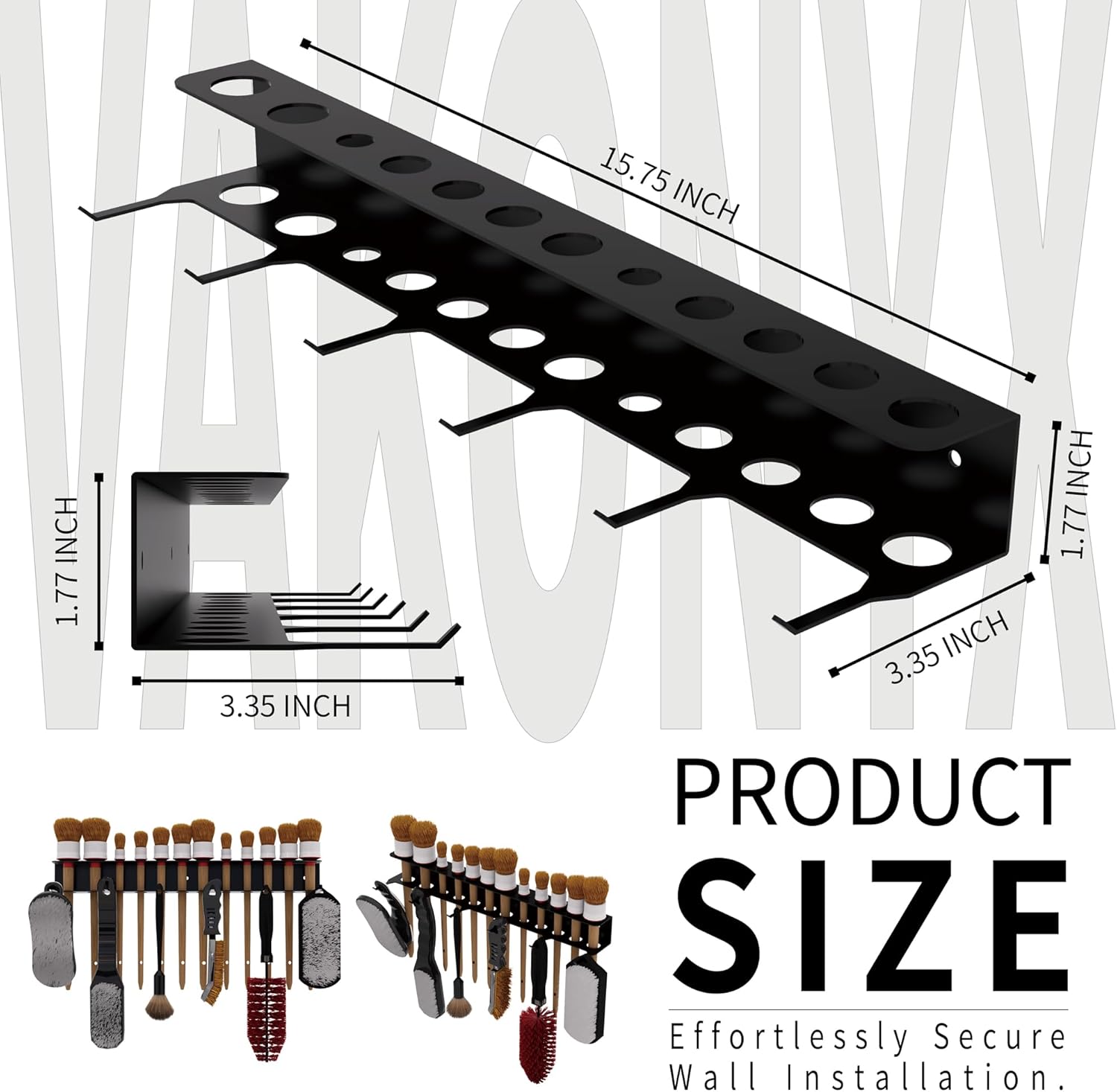Wall Mount Brush Holder & Tool Hanger Rack for Garage, Detailing Organizer with Mounting Hardware - Holds 12 Brushes + Hooks for Towels & Tools
