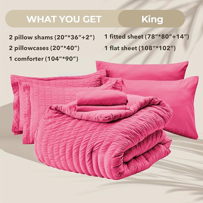 HYMOKEGE Hot Pink King Size Comforter Set Seersucker 7 Pieces, All Season - Image 6
