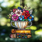 Floral Tea Cup and Books Acrylic Suncatcher Stained Glass Effect Window Car by AVAGAN