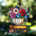 Floral Tea Cup and Books Acrylic Suncatcher Stained Glass Effect Window Car by AVAGAN
