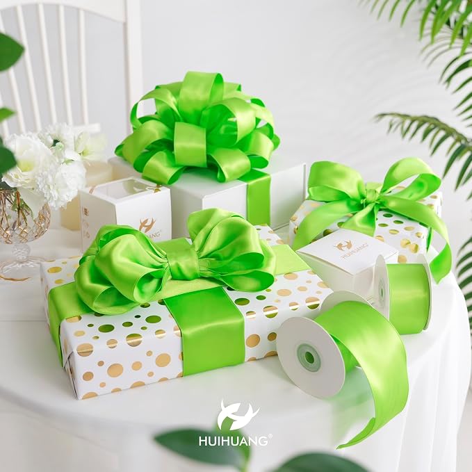 HUIHUANG Lime Green Wired Ribbon 1-1/2 inch Lime Green Satin Wire Ribbon - Image 6
