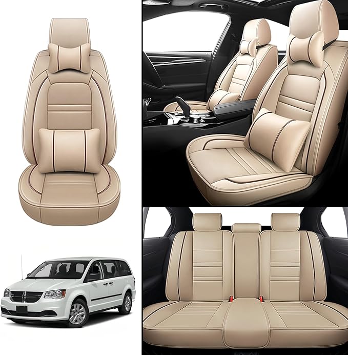 Car Seat Covers for Dodge Grand Caravan 1999-2020 | 5-Seats Seat Covers, Waterproof Seat Protectors, Automotive Seat Covers (Full Set with Pillow,Beige)