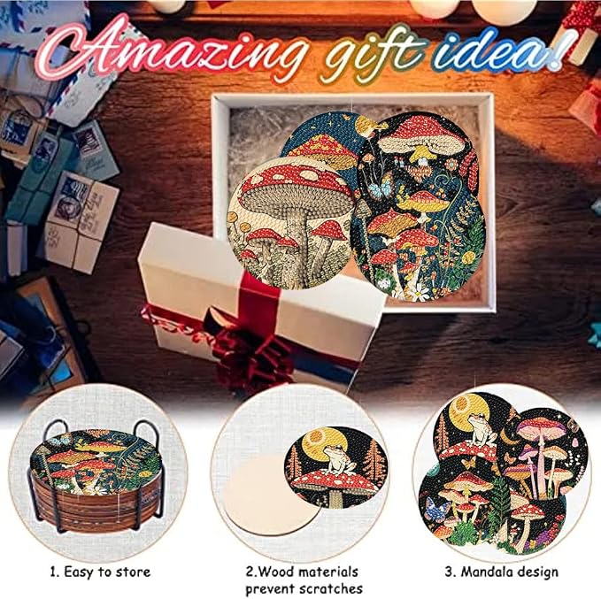 Zythron 8 Pack Diamond Art Coasters, Mushroom Diamond Painting Coasters Kits | - Image 7