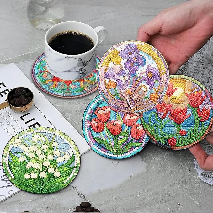 ijbnhd 8 PCS Flowers Diamond Art Coasters | Diamond Painting Coasters Kits - Image 5