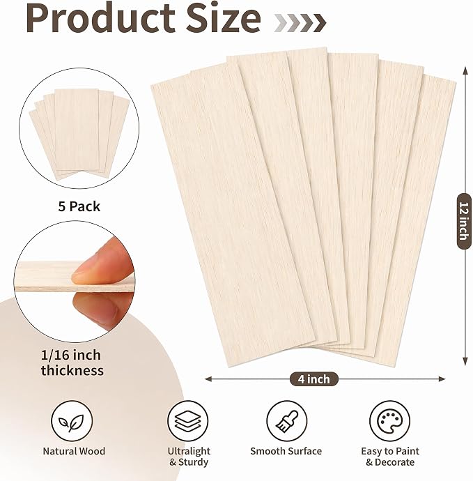 Balsa Wood Sheets, 5 Pack 12 x 4 x 1/16 Inch Unfinished Thin Wood Boards - Image 2
