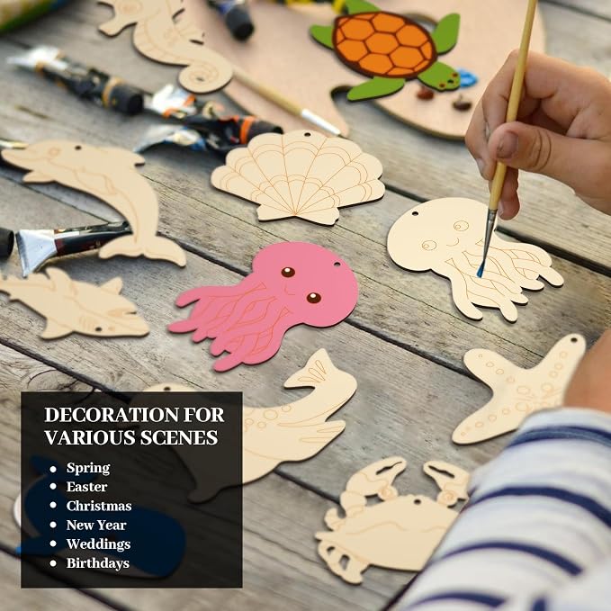 Subacy 80 PCS Unfinished Wood Cutouts 10 Styles DIY Wooden Ocean Ornaments - Image 7