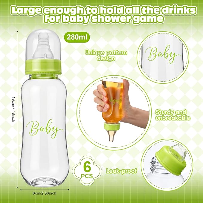 6 Sets Bottle Chug Baby Shower Games Juegos Para Plastic Baby Bottles Bibs Hat Disposable Diapers Gender Reveal Games Baby Changing Diaper Race Game Decoration (Green)