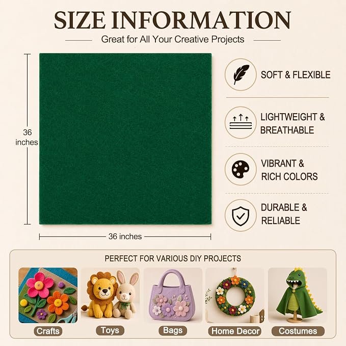 Emerald Green Large Felt Fabric 36" x 36", 1.4 mm Soft Felt Sheet, Nonwoven - Image 3