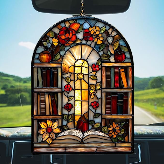 Antique Library Bookshelf Acrylic Suncatcher Stained Glass Effect Window Car - Image 5