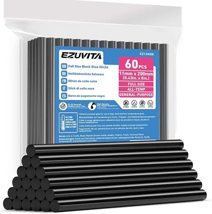 EZUVITA 60-Pack Full Size Hot Glue Sticks, 0.43” Dia x 8” Long | Black by EZUVITA