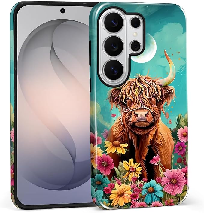 for Samsung Galaxy S26 Ultra Case, Highland Cow Flower Pattern Glossy 2 in 1 by Teonvpu