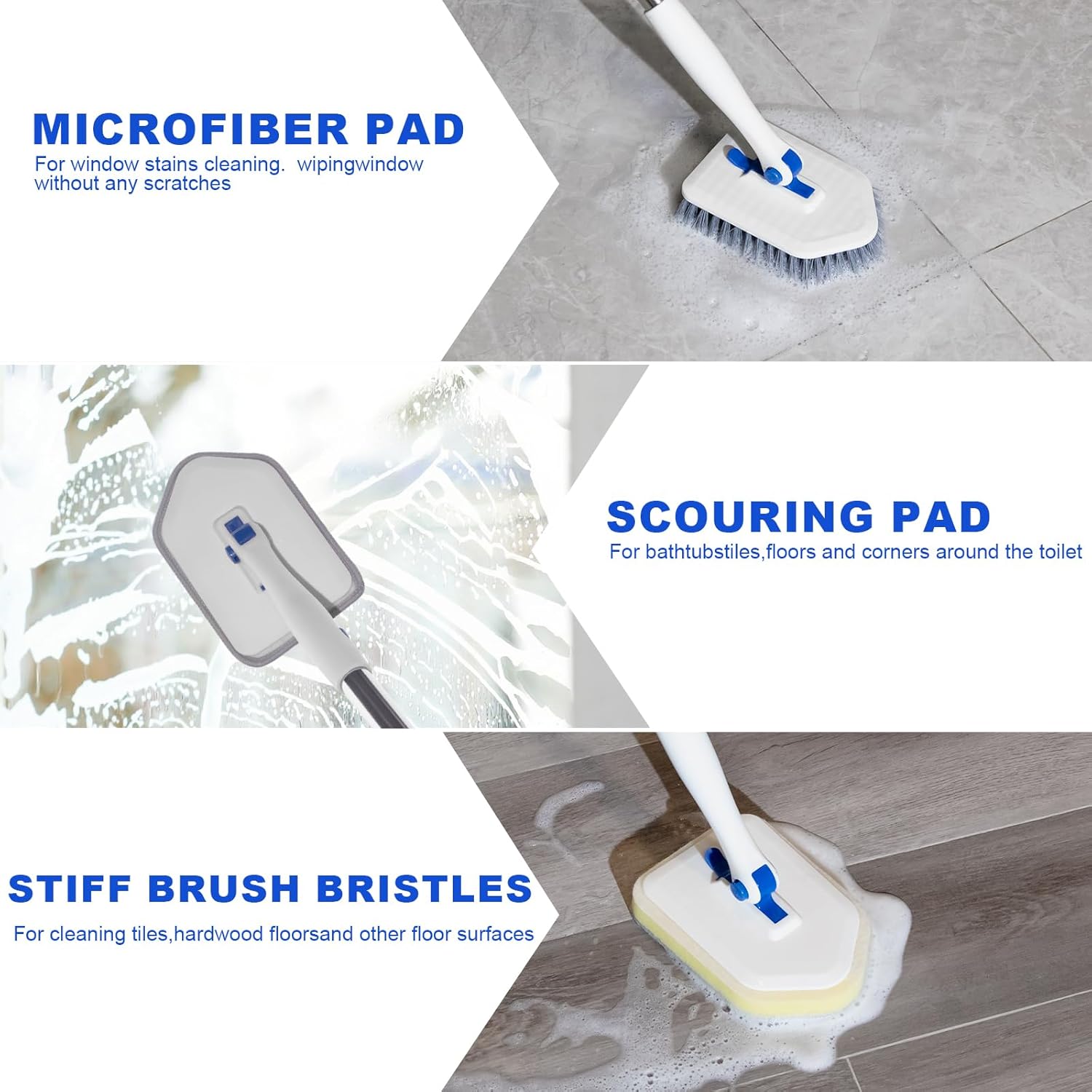 Tile Tub Scrubber Brush with 52-inch Adjustable Long Handle 3-in-1 Rotatable Shower Brush for Cleaning，3 Different Replacement Brush Heads for Cleaning Tub Tile Bathroom Kitchen Walls ，Blue