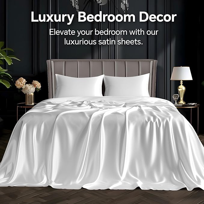 BEDELITE King Size Sheets Set, Luxury Soft White Satin Sheets - Image 2
