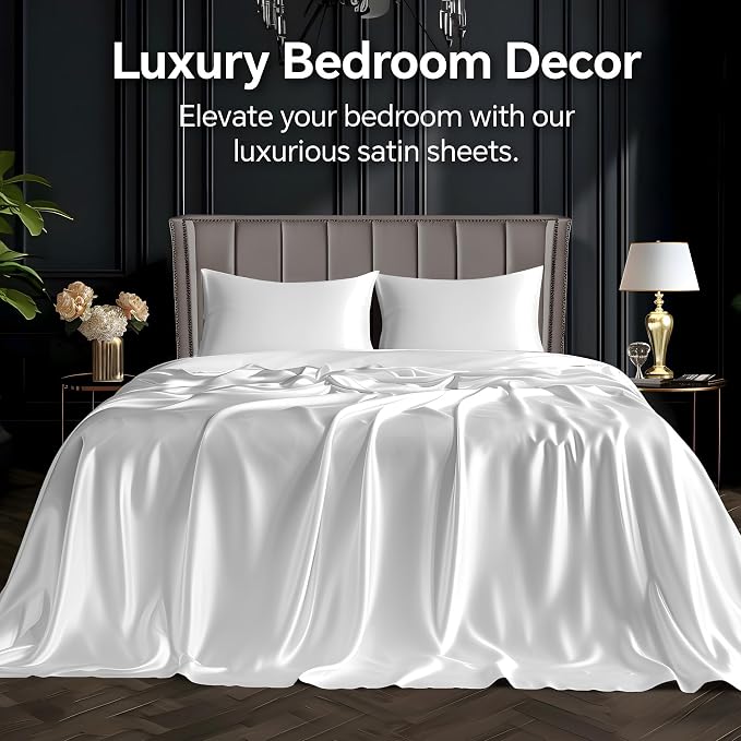 BEDELITE Satin Sheets Queen Size Bed Set, Luxury Soft White Silky Sheets - Image 2